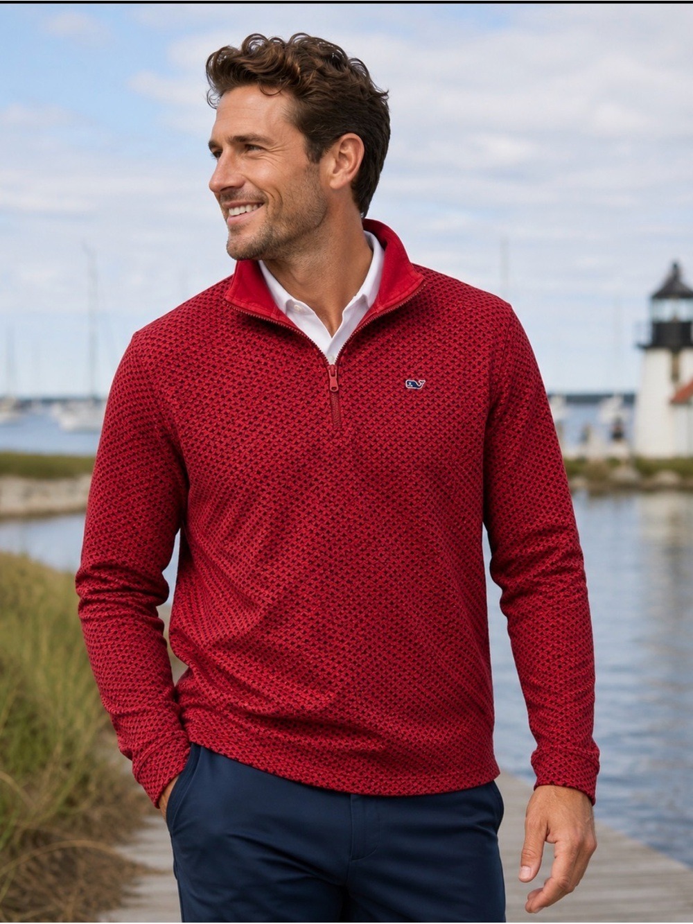 VINEYARD VINES RED BIRDSEYE GEOMETRIC PRINT 1/4 ZIP PULLOVER SWEATER XL
